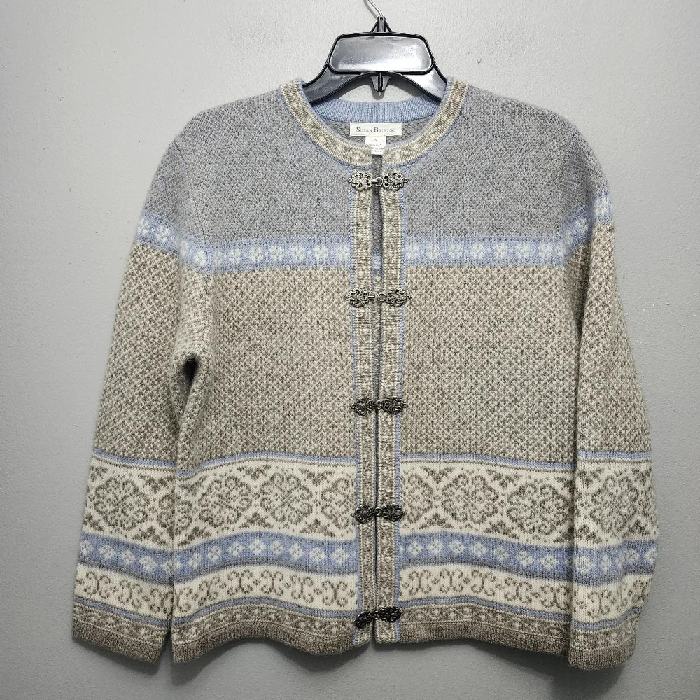 Susan Bristol Women's Fair Isle Cardigan Sweater 100% Wool Size S Blue and Gray